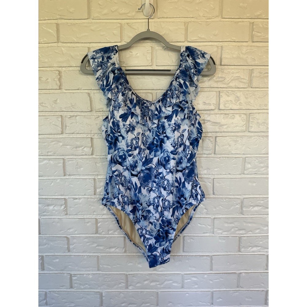 🌊 GILI Blue Floral Ruffle One Piece Swimsuit Sz 16 – Cottagecore Chic!